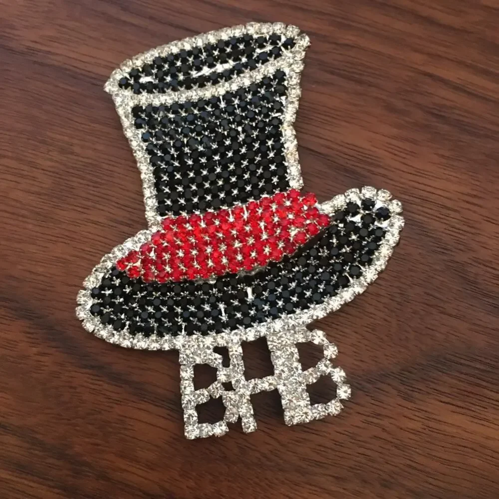Massive rhinestone Top Hat pin - black red and clear, BHB